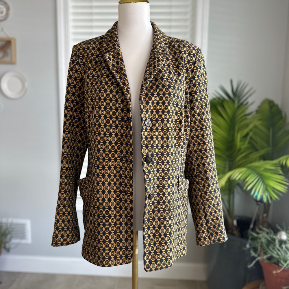 Cabi Standout Style 3327 Navy & Gold Medallion Knit Blazer